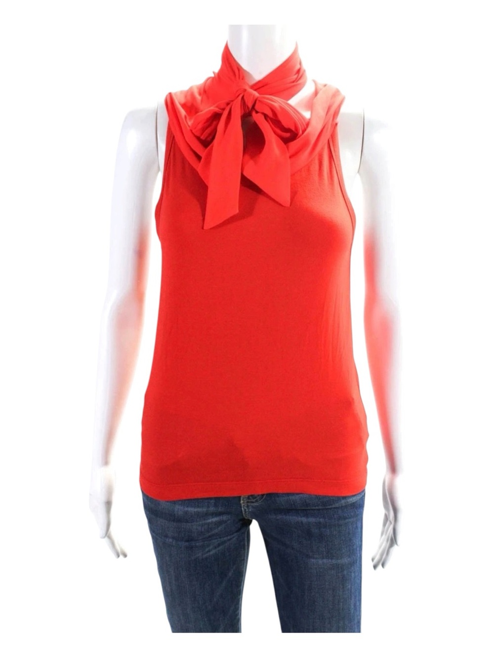 SoCa by St. John Vibrant Red Sleeveless Draped Blouse w Chiffon Tie - Sz Sm EUC